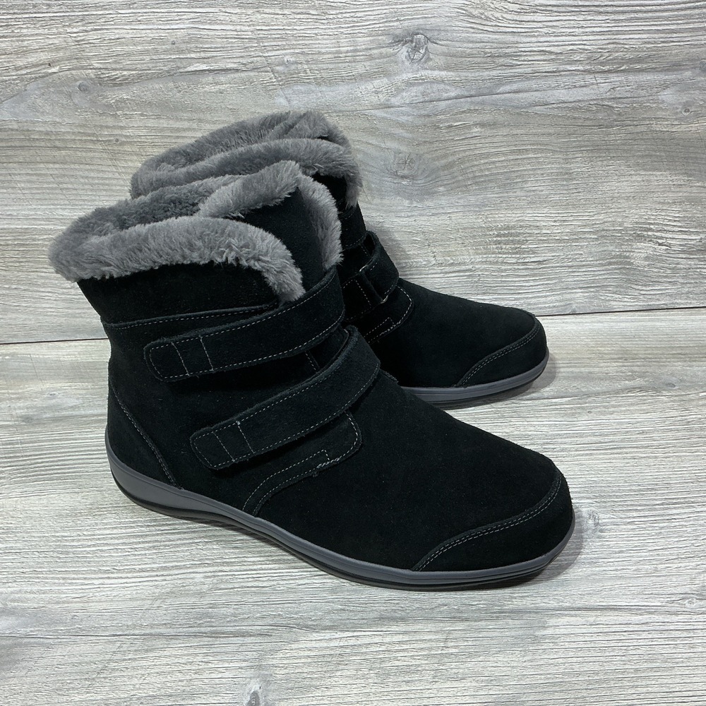 Orthofeet Florence Womens Black Suede Hook Loop Faux Fur Slipper Boot Size 11 D